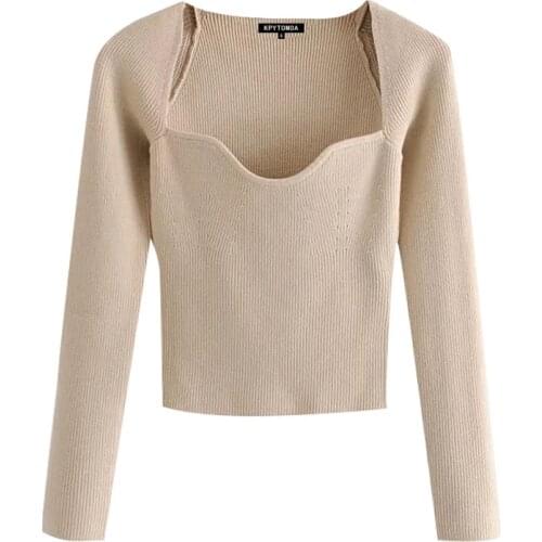 2021 New Women Fashion With Sweetheart Neck Cropped Knitted Sweater Vintage Long Sleeve Fitted Female Pullovers Chic Tops
