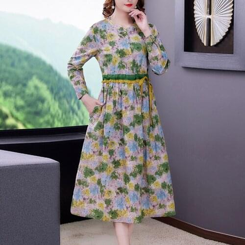 Autumn Women Vintage Cotton and Linen Floral Midi Dress 2021 Elegant Long Sleeve Party Vestidos Spring Casual Bodycon Print Robe