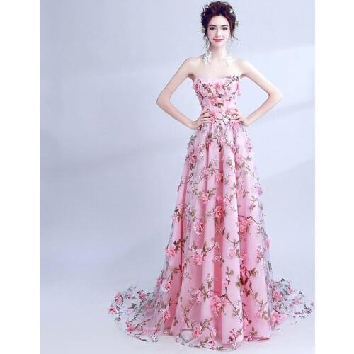 Evening Dresses Vintage Strapless Sleeveless Appliques Backless Lace Tulle A-Line Train Luxury Pink Lady Formal Party Gown TS043