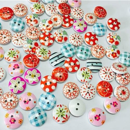 100Pcs New Flower Printed Round Wooden Button 2 Holes 15mm Mixed Wood Buttons Sewing Accessories For Clothing Decoration DIY