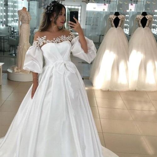 2021 White A Line Satin Wedding Dresses Scoop Neck Half Sleeve Pleat Bow Sweep Train Country Plus Size Wedding Gowns