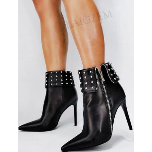 DOBANER Women Boots Faux Leather Fashion Spike Back Heels Booties Side Zip Femmes Bottes Ladies Shoes Woman Plus Size 44 46 47