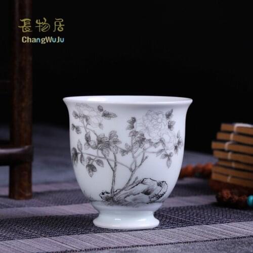 Changwuju in Jingdezhen china Cups & Saucers the grisaille painting tea cup painted by Jinhongxia for host use longquan celadon