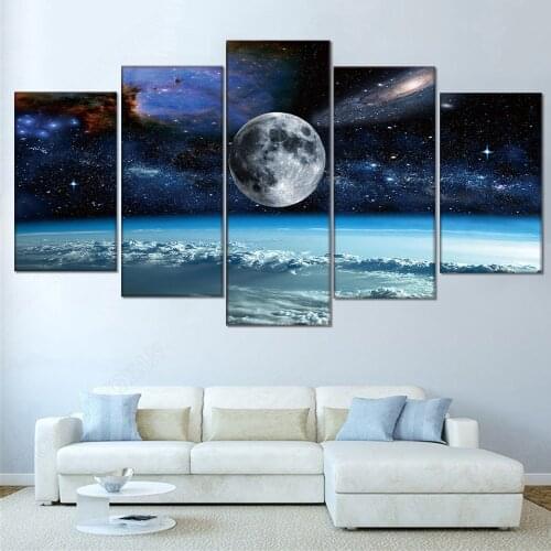 HD Print 5 Pieces Canvas Art Space Universe Moon Stars Painting Modular Framed Canvas Home Decor Poster For Living Room