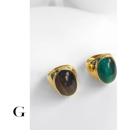 GHIDBK Statement Big Unisex Rainbow Natural Stone Stainless Steel Geometric Oval Ring Minimalist Street Style Jewelry Wholesale