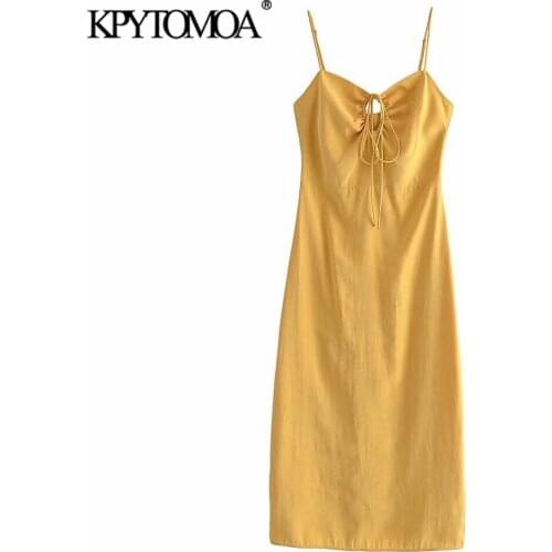 KPYTOMOA Women 2021 Fashion With Gathered Hollow Out Midi Dress Vintage Backless Zipper Thin Straps Female Dresses Vestidos