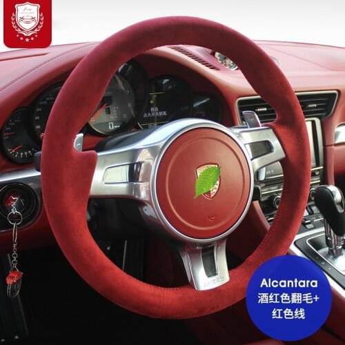 Red Real Alcantara for Porsche Macan Taycan panamra 718 Macan Cayenne 971 9YA 911 steering wheel cover Auto parts accessories
