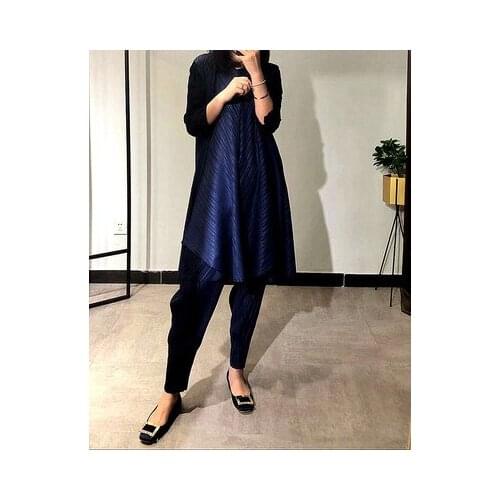 HOT SELLING Fashion fold solid three quarter o-neck long T-shirt before open fork ankle-length pants two-piece outfit IN STOCK