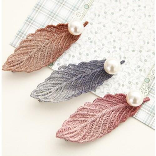 Girls Fashion Leaf Shape Hair Clip Headwear Barrettes Retro Imitation Pearl Cloth Leaves Hairpin Hair Accessories For Woman