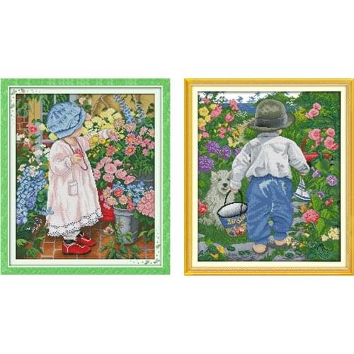 Little boy and girl picking flowers pattern cross stitch 11CT 14CT canvas print cross stitch kit DIY embroidery kit needlework