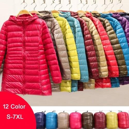 Autumn Winter Women Ultra Light Duck Down Jacket 2021 New Hooded Long Down Coat Plus Size Windproof Outerwear Parkas S-7XL