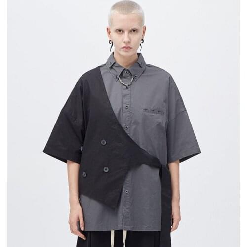 Men Women Shirt Sleeve Fake Two Shirt Short Sleeve Loose Japanese Personality Trendy Casual Stitching Stripe Color Matching