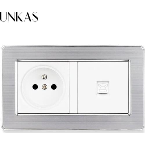 UNKAS Gray Stainless Steel Panel 16A French Standard Wall Power Socket + Grey RJ11 Telephone Connector Jack 146MM*86MM Outlet