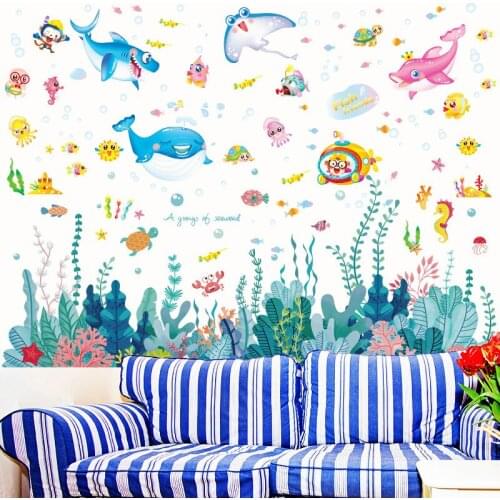 [SHIJUEHEZI] Underwater World Fish Wall Stickers DIY Cartoon Seaweed Wall Decals for Kids Rooms Baby Bedroom Bathroom Decoration