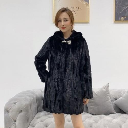Luxury New Style OL Black Mink Fur Coat Large 5xl Winter Medium Length Mink Jacket Thick Warm Outwear with Fur Hooded Overcoat
