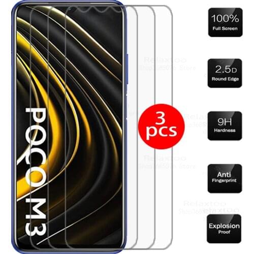 Glass on poco m3 smartphone 3pcs tempered glass for xiaomi poco m3 screen protector xiomi pocophone m3 m 3 protective film cover