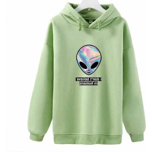 Alien Print Hoodie Green Hoodie Oversized Pullover Sweatshirt Drawstring Sweatshirt Spring and Autumn Streetwear Womens Fashion