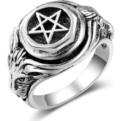 Vintage Silver Color Pentacle Ring Motorcycle Party Gothic Style Punk Goat Satan Ring Rock Hip Hop Jewelry for Men
