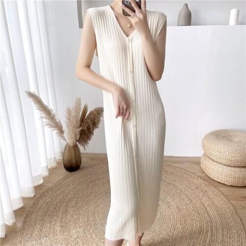 Knit Vest Dress Womens Tide V-Neck Loose Korean Spring And Summer Sleeveless Sweater Dress Midi Long Casual Jumper Tops zh988