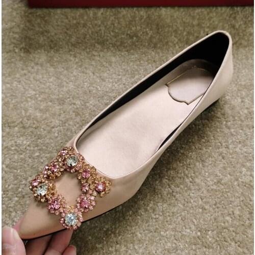 Luxury Flowers Crystal Buckle Stud Zapatos Mujer women Flats Point Toe Satin silk Women Heels Shoes Woman