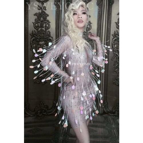 Colorful Sequins Tassel Dress Women Birthday Evening Celebrate One-piece Dress Sexy Skinny Costume Dance Short Dress YSWEYOMIC