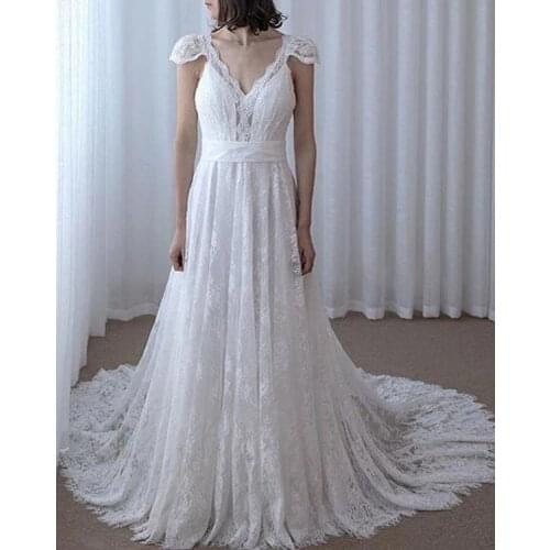 Lace Boho Wedding Dress for Bride 2021 V Neckline Cap Sleeves A Line Wedding Bridal Gowns Vestido De Novia