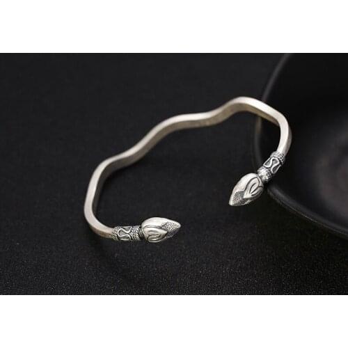 990 Sterling Silver thai women wave fish lotus seedpod Bracelet Cuff A4200
