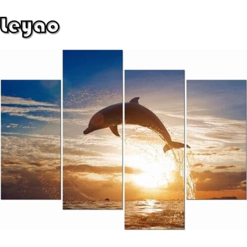 Diy 5d diamond painting full drill Happy jump Dolphin Big 4 Pieces Seascape Art Beach Scenery of Marine Animals Pictures