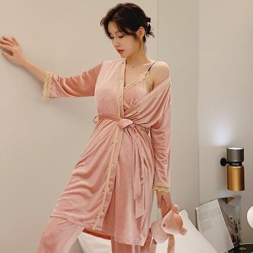 Velvet Satin Sexy Lace Sleepwear Homewear Women Pajamas Suit Nightwear Autumn Winter New 3PCS Sleep Set Intimate Lingerie