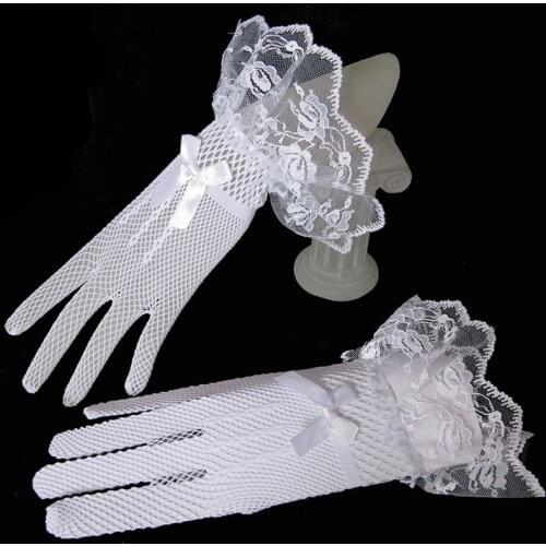 Black White Mesh Lace Gloves Ceremony Etiquette Party Full Finger Short Glove Retro Ladys Elegant Elastic Satin Dance Mittens