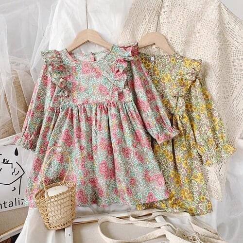 Hollead Japanese Girls Long Dress Flower Printed Ruffle Sleeve Childrens FParty Costume 2021 Korean Casual Dress For 1-8Y Girls