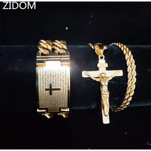 Men Hip hop cross jesus pendant with stainless steel cross bracelet never fade vintage Hiphop necklace fashion Charm jewelry