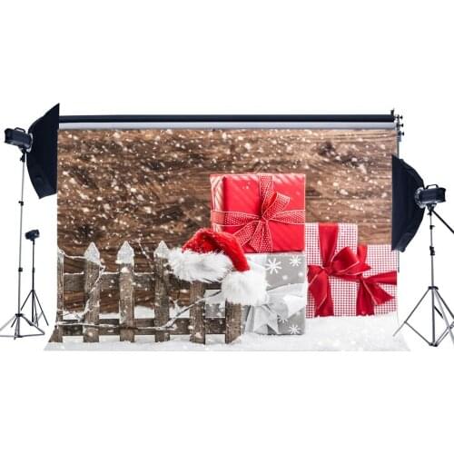 Photography Backdrop Christmas Gifts Box Heavy Snowing Wooden Fence Hat Winter Xmas Backdrops