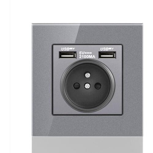 Depoguye French wall socket electric socket cover usb power strip, 2.1A USB charging port, black crystal glass 16A power outlet