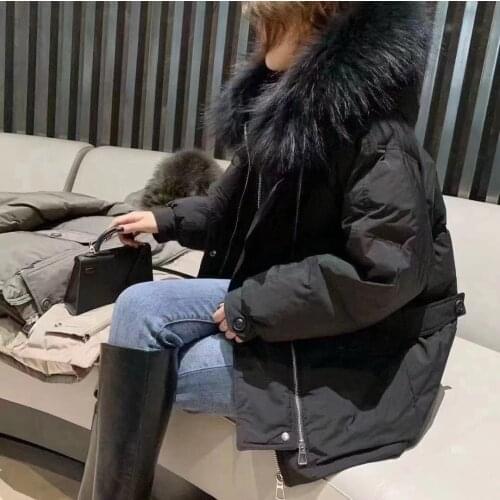 FTLZZ 2021 Winter Women 90% White Down Jacket Real Fur Collar Hooded Parkas Short Design Slim Warm Overcoat Black Warm Outwear