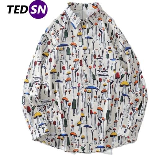 Hip Hop Hawaiian Beach Shirts Autumn Colored Mushrooms Print Harajuku Streetwear Vintage Loose Tops Cotton Long Sleeve Shirt Men