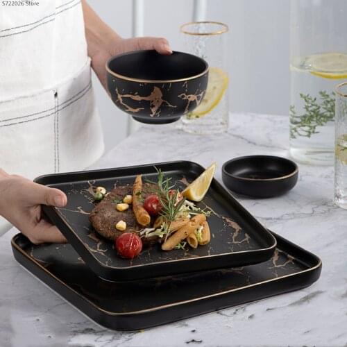 Black Marble Ceramic Dinner Plate Bowl Household Square Phnom Penh Breakfast Plate Steak Plate Commercial Restaurant Tableware