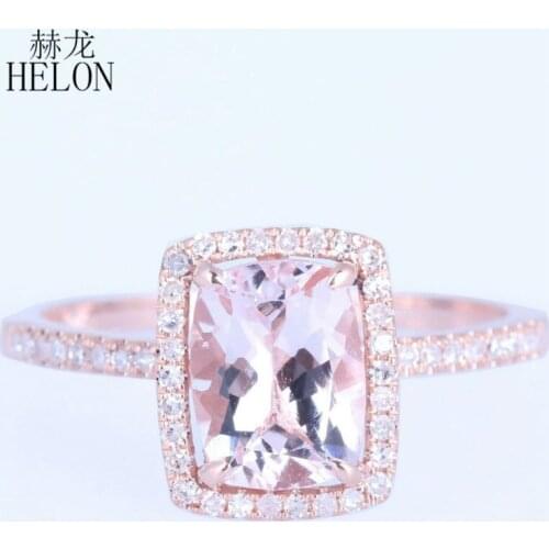 HELON Diamond Ring Soild 10K Rose Gold Cushion 6x8mm Morganite & Diamonds Engagement Ring Women Birthday Anniversarry Best Gift
