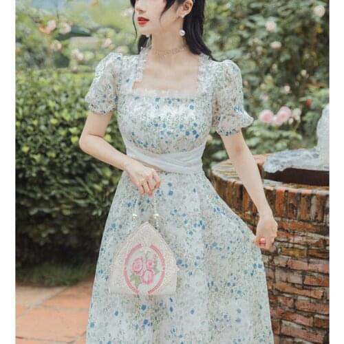 French Retro Pastoral Style Floral Embroidery Lace Ruffle Square Neck Dress Summer Gentle Style Puff Sleeve Fairy Bandage Dress
