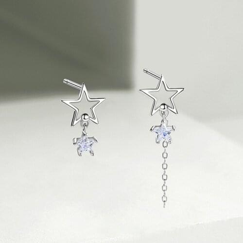 Fashion Simple Two Star Asymmetry Crystal Long Chain Studs Earrings For Women Shine Zircon Geometric Tassel Piercing Jewelry