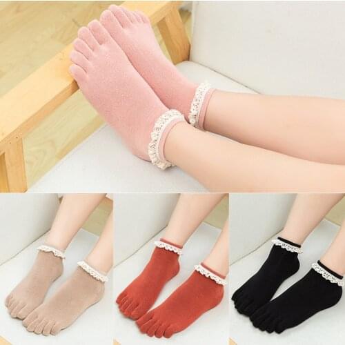 Cute Low Cut Cotton Toe Socks with Lace Female Solid Color Five Finger Ankle Socks Women Short kobieta skarpety calcetines mujer