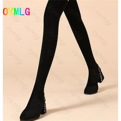 2021 autumn and winter new womens shoes round toe thick mid-heel metal rivet all-match over-the-knee stretch thigh high boots