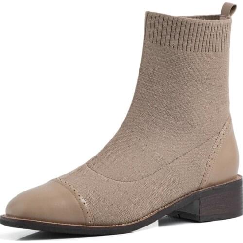 New style Genuine leather Womens boots Knitting wool Autumn and winter socks Female boots cowhide Womens shoes