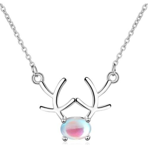 New Fashion Flash 925 Sterling Silver Jewelry Personality Antler Moonstone Crystal Deer Pendant Necklaces H389