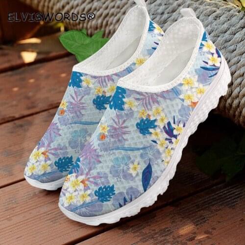 ELVISWORDS Colorful Hibiscus Flower Print Breathable Ladies Walking Shoes Non-slip Flats Shoes for Woman Casual Slip on Loafers
