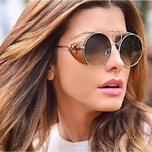 Fashion Vintage SteamPunk Sunglasse Women Rivet Circle Sunglasses Leather Side Shield Brand Design Sun Glasses Men Oculos De Sol