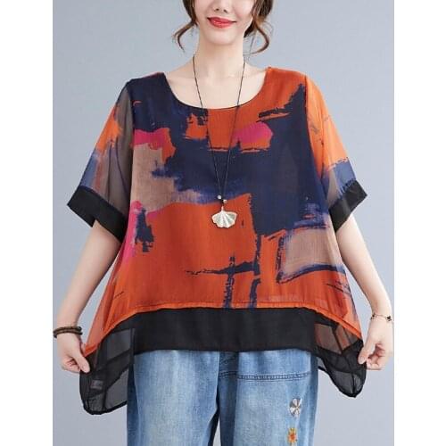 Women Summer Chiffon Blouses New Arrival 2021 Vintage Style O-neck Print Loose Comfortable Female Casual Tops Shirts B166