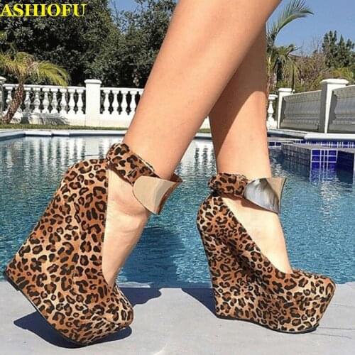 ASHIOFU Handmade Women Wadge Heel Pumps Ankle-strap Blings Sexy Night-club Dress Shoes Evening Fashion Leopard Pumps Shoes