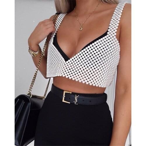 White Black Knitting Pearl Camis Women Short Sexy Sun-top Bra Top Crops FashionLadies Elegant Pearl Tank Top Shirt Body Jewelry
