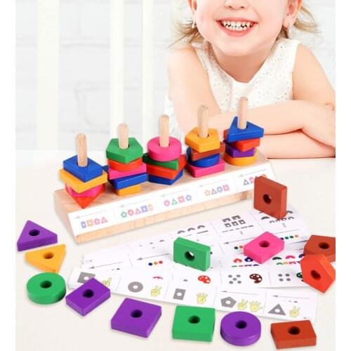 1 Set Toy Five Columns Color Recognition Wooden Geometric Shape Stacker Toy for Toddlers Early Educational Toys Children Gift